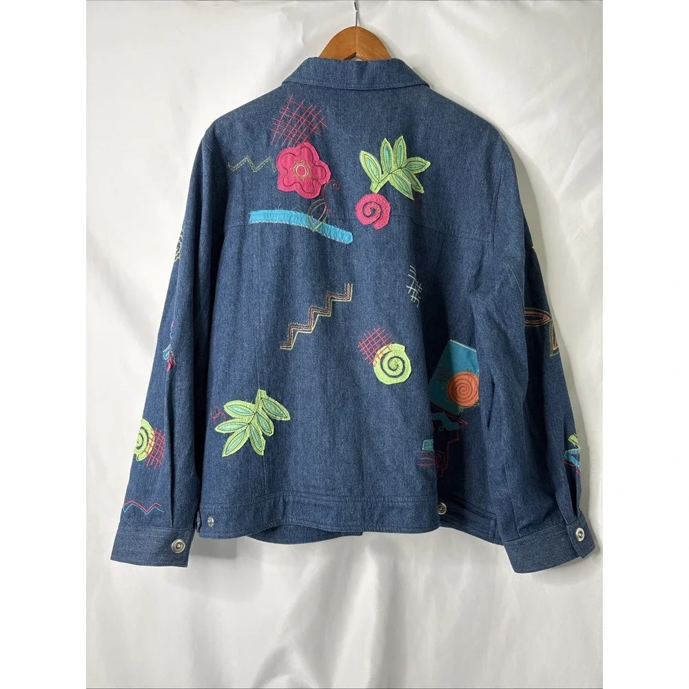 Anne Carson Blue Denim Jean Jacket Women's 3X‎ Embroidered Colorful Abstract